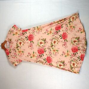 Reb & J Pink Rose Floral Mock Neck Stretch‎ Lightweight Midi Dress S